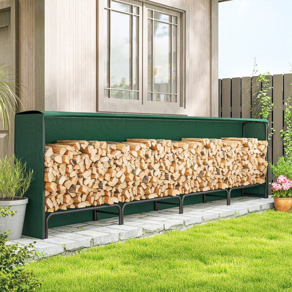 Outsunny Suport pentru Lemne 1 m³, Reglabil, cu Husă Impermeabilă din PE, Metal, 360 x 36 x 99 cm, Negru și Verde Închis | Aosom Romania