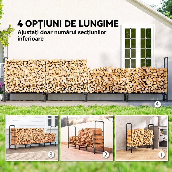 Outsunny Suport pentru Lemne 1 m³, Reglabil, cu Husă Impermeabilă din PE, Metal, 360 x 36 x 99 cm, Negru și Verde Închis | Aosom Romania