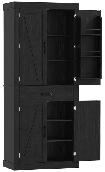 HOMCOM Dulap cămară de bucătărie în stil country, cu 2 dulapuri, 6 rafturi și sertar, din lemn, 76 x 39,5 x 183,5 cm, negru | Aosom Romania