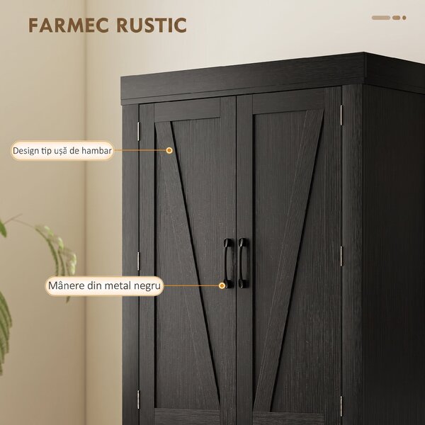 HOMCOM Dulap cămară de bucătărie în stil country, cu 2 dulapuri, 6 rafturi și sertar, din lemn, 76 x 39,5 x 183,5 cm, negru | Aosom Romania