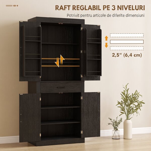 HOMCOM Dulap cămară de bucătărie în stil country, cu 2 dulapuri, 6 rafturi și sertar, din lemn, 76 x 39,5 x 183,5 cm, negru | Aosom Romania