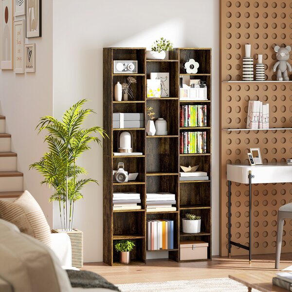 HOMCOM Bibliotecă modernă din lemn înaltă 181 cm cu 21 de compartimente și 10 rafturi reglabile, Maro Rustic | Aosom Romania