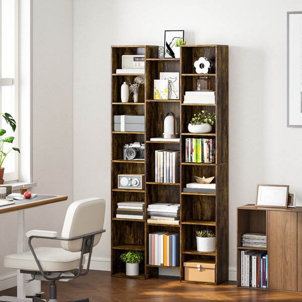 HOMCOM Bibliotecă modernă din lemn înaltă 181 cm cu 21 de compartimente și 10 rafturi reglabile, Maro Rustic | Aosom Romania