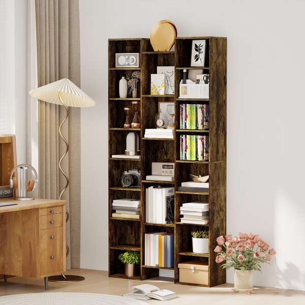 HOMCOM Bibliotecă modernă din lemn înaltă 181 cm cu 21 de compartimente și 10 rafturi reglabile, Maro Rustic | Aosom Romania