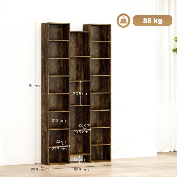 HOMCOM Bibliotecă modernă din lemn înaltă 181 cm cu 21 de compartimente și 10 rafturi reglabile, Maro Rustic | Aosom Romania