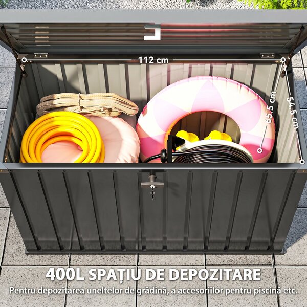 Outsunny Ladă de Depozitare Exterior 400L din Oțel Zincat, cu Încuietoare și 2 Chei, 124 x 66 x 72 cm, Negru | Aosom Romania