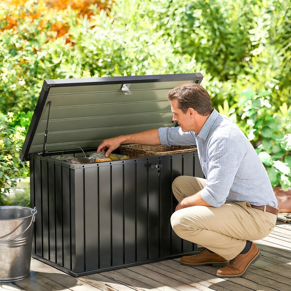 Outsunny Ladă de Depozitare Exterior 400L din Oțel Zincat, cu Încuietoare și 2 Chei, 124 x 66 x 72 cm, Negru | Aosom Romania