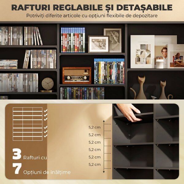 HOMCOM Dulap Suport Cd/dvd, Bibliotecă Con 8 Rafturi E 18 Rafturi Regolabili, Negru | Aosom Romania