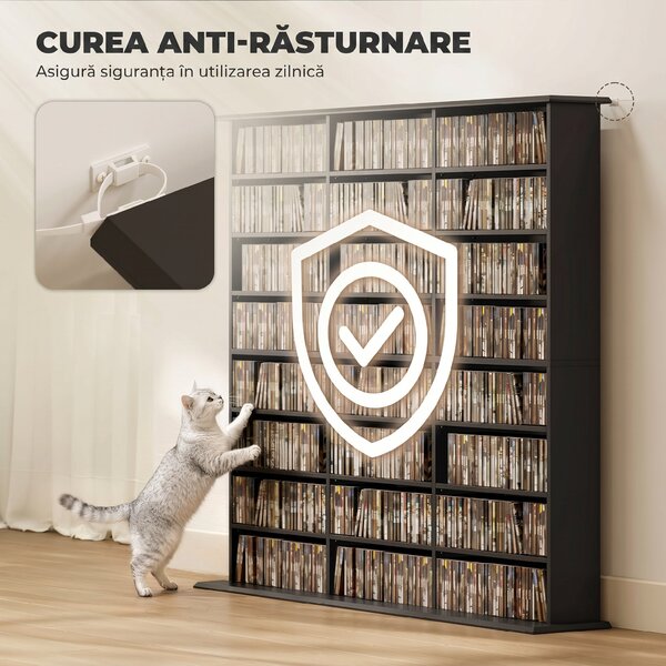 HOMCOM Dulap Suport Cd/dvd, Bibliotecă Con 8 Rafturi E 18 Rafturi Regolabili, Negru | Aosom Romania