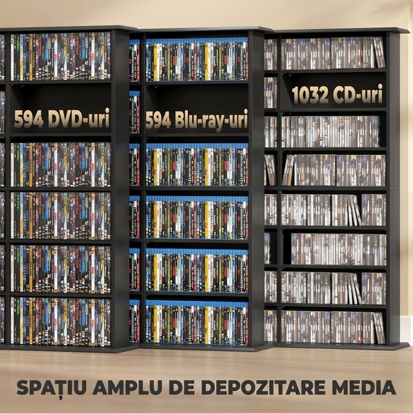 HOMCOM Dulap Suport Cd/dvd, Bibliotecă Con 8 Rafturi E 18 Rafturi Regolabili, Negru | Aosom Romania