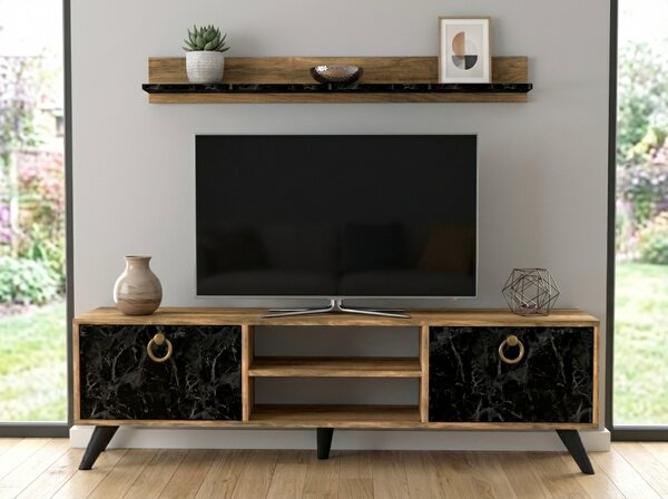 Comoda TV ZEN 160 cm cu polita de perete, decor nuc/marmura neagra