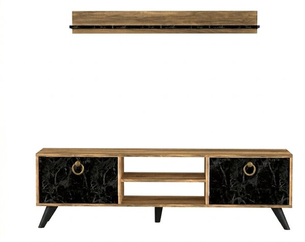 Comoda TV ZEN 160 cm cu polita de perete, decor nuc/marmura neagra