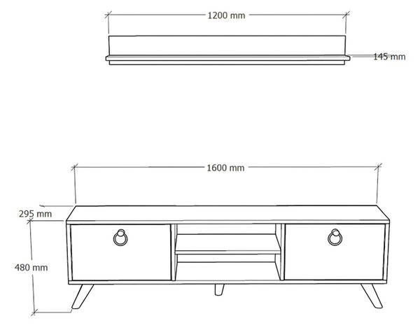 Comoda TV ZEN 160 cm cu polita de perete, decor nuc/marmura neagra