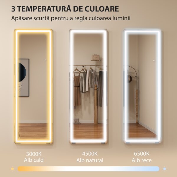 HOMCOM Oglindă de Corp Întreg cu LED, 150x50 cm, Iluminare în 3 Culori, de Podea, Sprijinită sau Montată pe Perete, Transparentă | Aosom Romania
