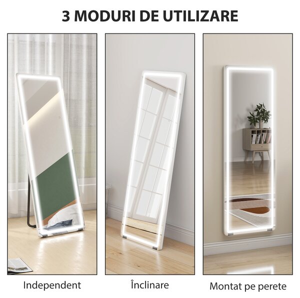 HOMCOM Oglindă de Corp Întreg cu LED, 150x50 cm, Iluminare în 3 Culori, de Podea, Sprijinită sau Montată pe Perete, Transparentă | Aosom Romania
