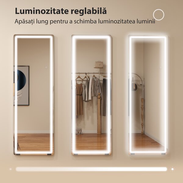 HOMCOM Oglindă de Corp Întreg cu LED, 150x50 cm, Iluminare în 3 Culori, de Podea, Sprijinită sau Montată pe Perete, Transparentă | Aosom Romania