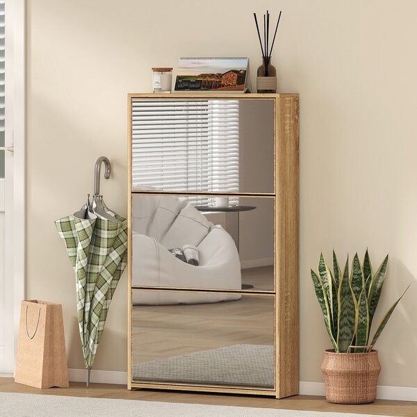 HOMCOM Dulap pentru Pantofi a Oglindă Con 3 Sertare a Rabatabil 65x17x114.5 cm Color Lemn | Aosom Romania