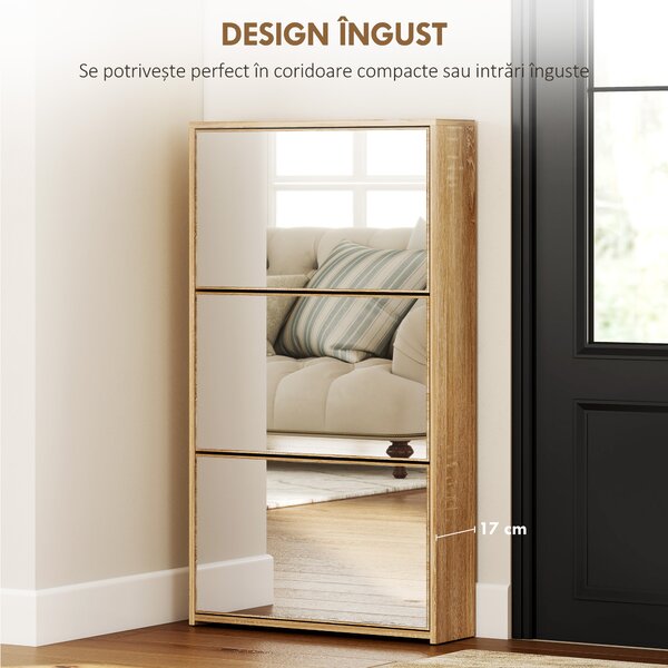 HOMCOM Dulap pentru Pantofi a Oglindă Con 3 Sertare a Rabatabil 65x17x114.5 cm Color Lemn | Aosom Romania