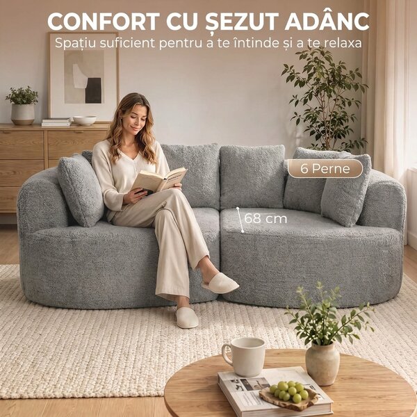 HOMCOM Canapea 3 locuri fără cadru, cu șezut amplu, 6 perne, design curbat, din chenille, gri deschis | Aosom Romania