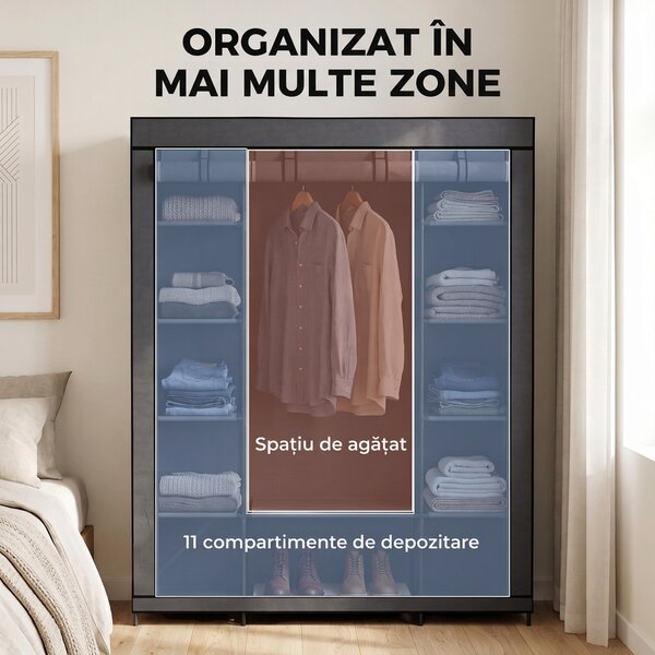 HOMCOM Dulap textil pentru economisirea spațiului, cu bară pentru umerașe și 11 rafturi, 135x45x175 cm, gri, pentru dormitor | Aosom Romania