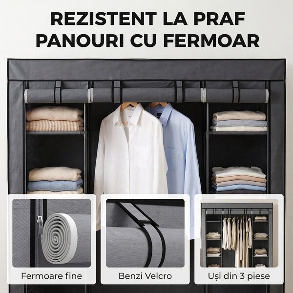 HOMCOM Dulap textil pentru economisirea spațiului, cu bară pentru umerașe și 11 rafturi, 135x45x175 cm, gri, pentru dormitor | Aosom Romania
