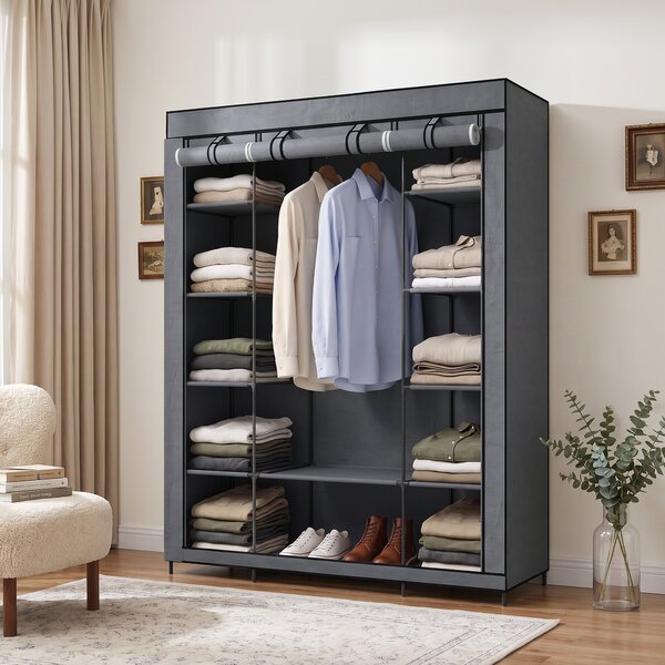 HOMCOM Dulap textil pentru economisirea spațiului, cu bară pentru umerașe și 11 rafturi, 135x45x175 cm, gri, pentru dormitor | Aosom Romania