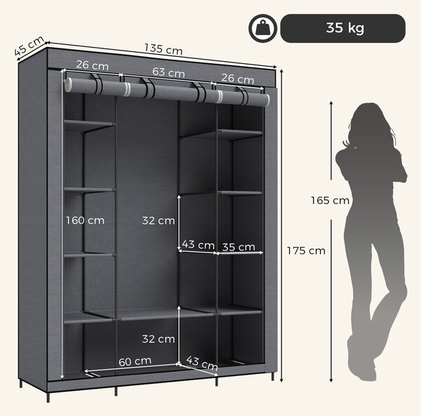HOMCOM Dulap textil pentru economisirea spațiului, cu bară pentru umerașe și 11 rafturi, 135x45x175 cm, gri, pentru dormitor | Aosom Romania