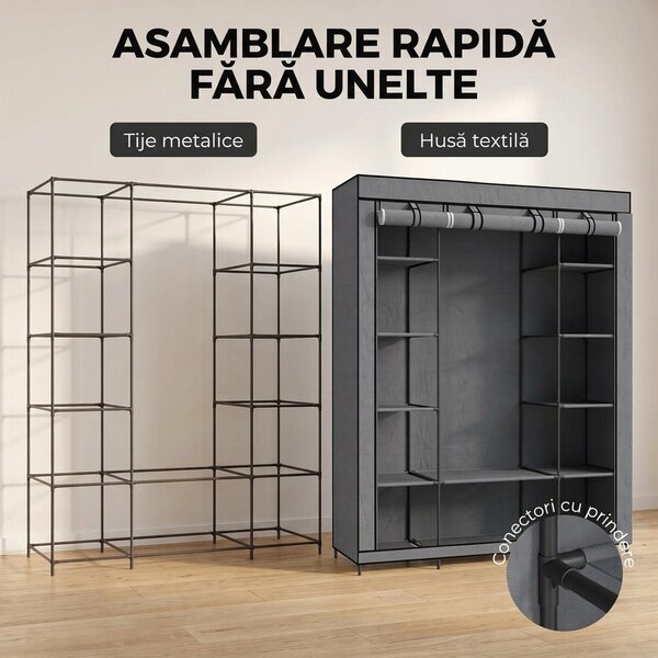 HOMCOM Dulap textil pentru economisirea spațiului, cu bară pentru umerașe și 11 rafturi, 135x45x175 cm, gri, pentru dormitor | Aosom Romania