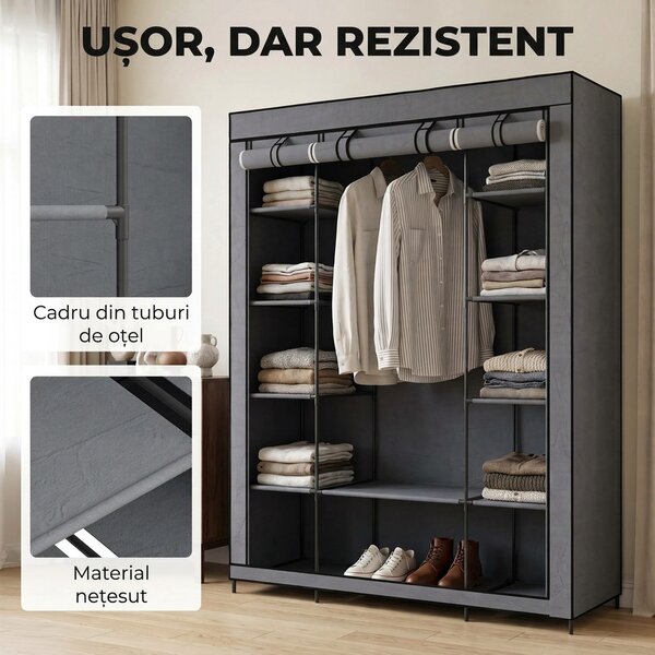 HOMCOM Dulap textil pentru economisirea spațiului, cu bară pentru umerașe și 11 rafturi, 135x45x175 cm, gri, pentru dormitor | Aosom Romania
