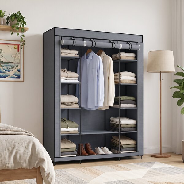 HOMCOM Dulap textil pentru economisirea spațiului, cu bară pentru umerașe și 11 rafturi, 135x45x175 cm, gri, pentru dormitor | Aosom Romania