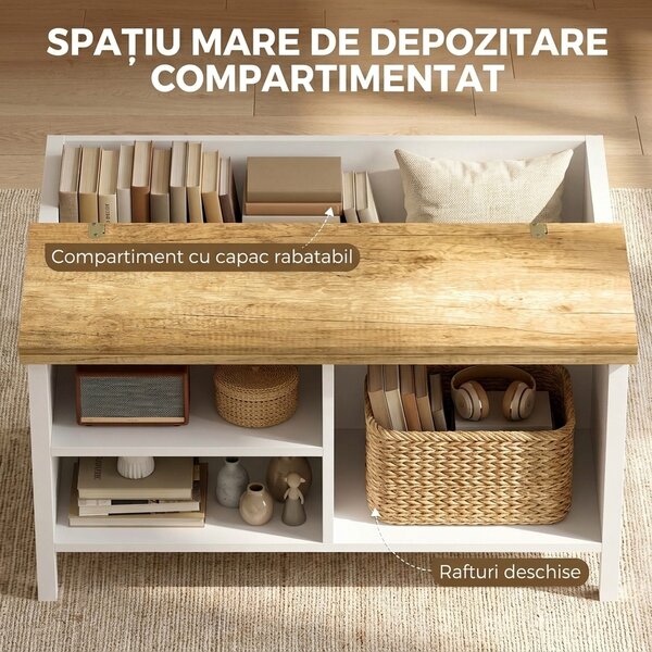 HOMCOM Ladă de Depozitare pentru Interior, 80x60x40 cm, cu Capac Rabatabil, Stil Nordic, Culoare Lemn | Aosom Romania