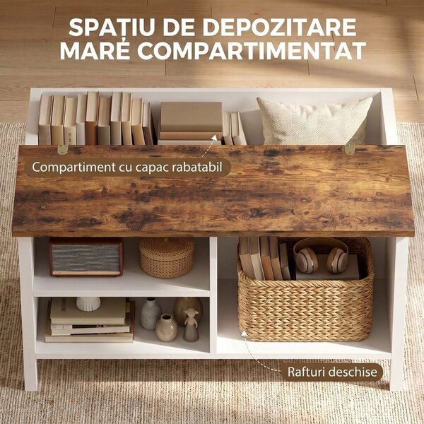 HOMCOM Cufăr de Depozitare 80x60x40 cm, cu Capac Rabatabil, Rafturi Deschise și Compartiment Ascuns, Maro Rustic | Aosom Romania