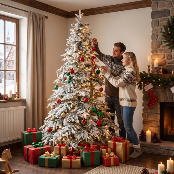 HOMCOM Brad de Crăciun Înzăpezit 180 cm cu 350 de Lumini LED Alb Cald, Timer, Telecomandă, 8 Modalități, 740 de Ramuri Ignifuge | Aosom Romania