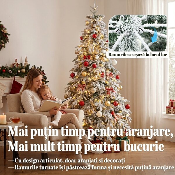 HOMCOM Brad de Crăciun Înzăpezit 180 cm cu 350 de Lumini LED Alb Cald, Timer, Telecomandă, 8 Modalități, 740 de Ramuri Ignifuge | Aosom Romania