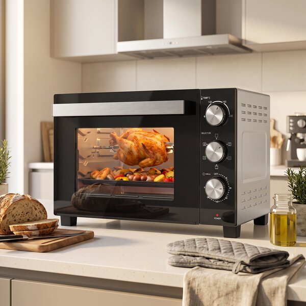 HOMCOM Cuptor Electric 1500W 28L cu Temperatură Reglabilă până la 230°C, Timer 60 min, Grătar, Tavă și Mâner pentru Tavă | Aosom Romania