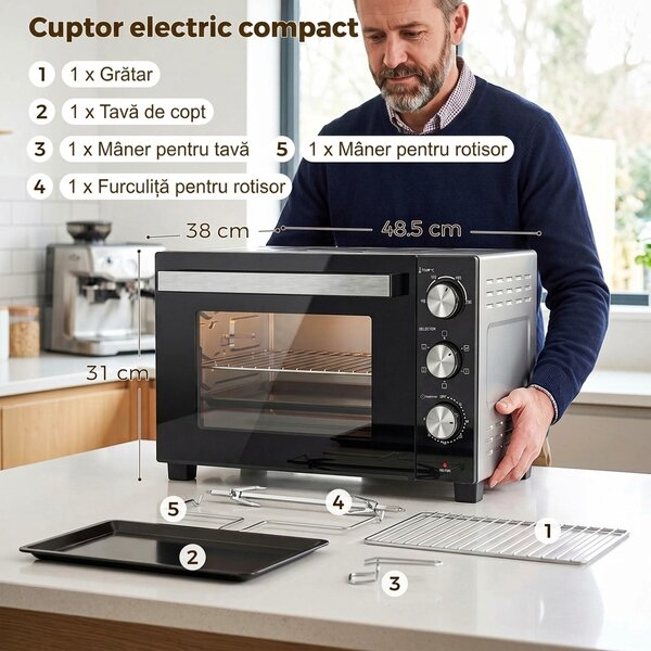 HOMCOM Cuptor Electric 1500W 28L cu Temperatură Reglabilă până la 230°C, Timer 60 min, Grătar, Tavă și Mâner pentru Tavă | Aosom Romania