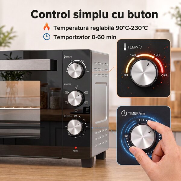 HOMCOM Cuptor Electric 1500W 28L cu Temperatură Reglabilă până la 230°C, Timer 60 min, Grătar, Tavă și Mâner pentru Tavă | Aosom Romania