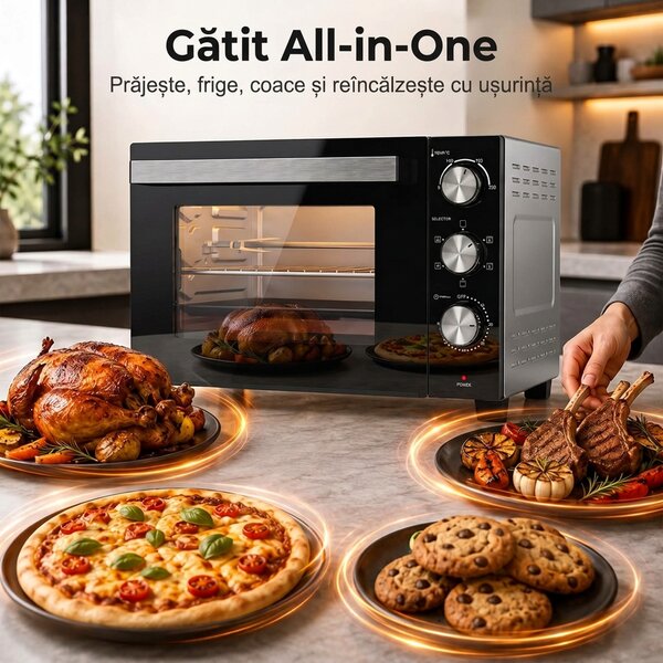 HOMCOM Cuptor Electric 1500W 28L cu Temperatură Reglabilă până la 230°C, Timer 60 min, Grătar, Tavă și Mâner pentru Tavă | Aosom Romania