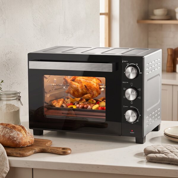 HOMCOM Cuptor Electric 1500W 28L cu Temperatură Reglabilă până la 230°C, Timer 60 min, Grătar, Tavă și Mâner pentru Tavă | Aosom Romania