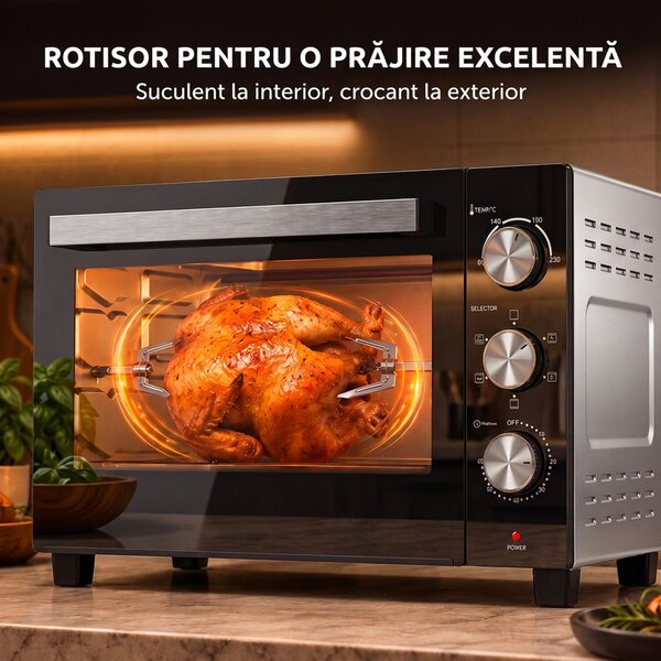 HOMCOM Cuptor Electric 1500W 28L cu Temperatură Reglabilă până la 230°C, Timer 60 min, Grătar, Tavă și Mâner pentru Tavă | Aosom Romania