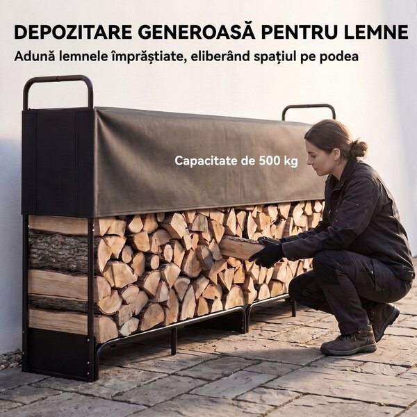 Outsunny Suport Lemne de Foc Interior și Exterior din Oțel Galvanizat cu Husă Oxford, 500 kg, 260x38x118 cm, Negru | Aosom Romania
