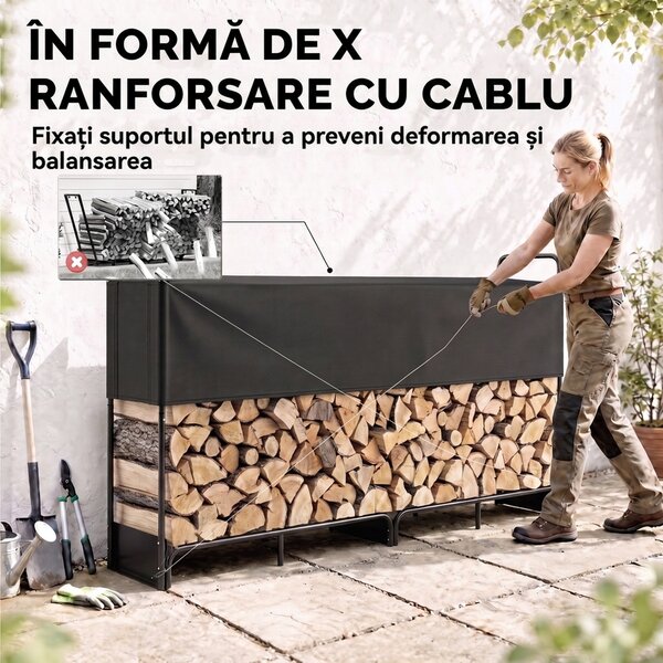 Outsunny Suport Lemne de Foc Interior și Exterior din Oțel Galvanizat cu Husă Oxford, 500 kg, 260x38x118 cm, Negru | Aosom Romania
