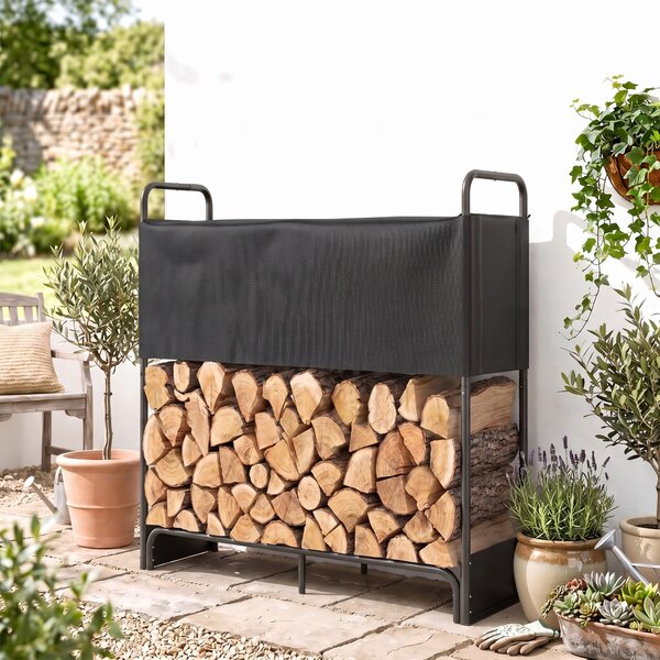 Outsunny Suport pentru Lemne de Foc pentru Interior și Exterior, Oțel Galvanizat cu Husă Oxford, 132x38x118 cm, Negru | Aosom Romania