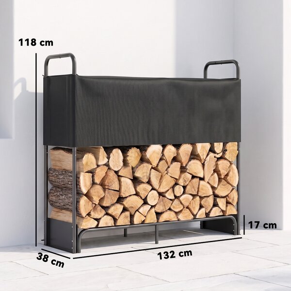 Outsunny Suport pentru Lemne de Foc pentru Interior și Exterior, Oțel Galvanizat cu Husă Oxford, 132x38x118 cm, Negru | Aosom Romania