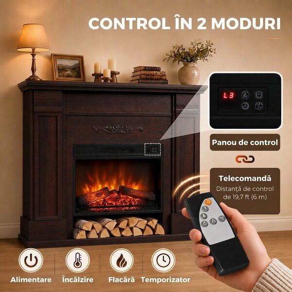 HOMCOM Șemineu electric de podea/încastrabil, 1800 W, cu ramă, raft pentru TV de până la 55", efect de flacără 3D și timer, maro | Aosom Romania