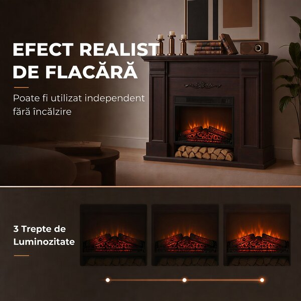 HOMCOM Șemineu electric de podea/încastrabil, 1800 W, cu ramă, raft pentru TV de până la 55", efect de flacără 3D și timer, maro | Aosom Romania