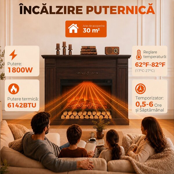 HOMCOM Șemineu electric de podea/încastrabil, 1800 W, cu ramă, raft pentru TV de până la 55", efect de flacără 3D și timer, maro | Aosom Romania