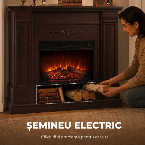 HOMCOM Șemineu electric de podea/încastrabil, 1800 W, cu ramă, raft pentru TV de până la 55", efect de flacără 3D și timer, maro | Aosom Romania