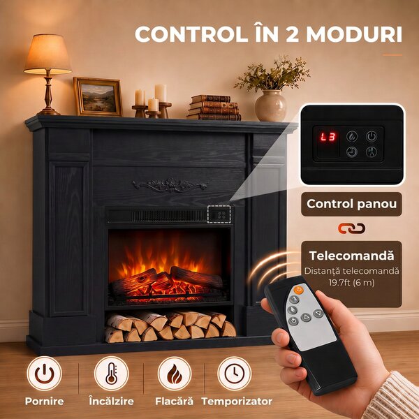 HOMCOM Șemineu electric de podea/încastrat, cu ramă și raft pentru TV 55 inch, 1800W, efect flacără 3D, timer, negru | Aosom Romania