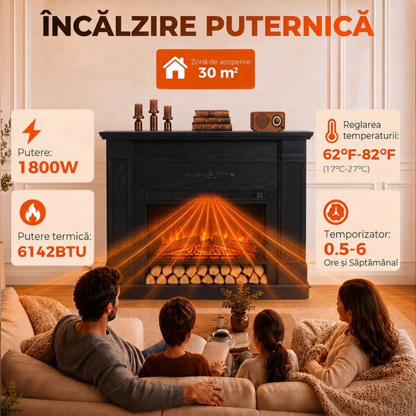 HOMCOM Șemineu electric de podea/încastrat, cu ramă și raft pentru TV 55 inch, 1800W, efect flacără 3D, timer, negru | Aosom Romania